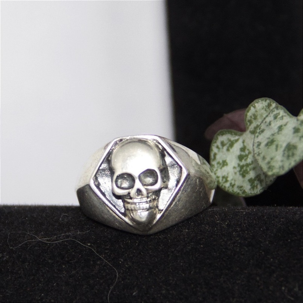 Sterling Silver Skull Signet Ring Hexagon Biker Gothic Band Sz 9.5